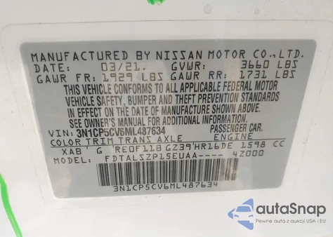 2021 Nissan Kicks Sv Xtronic Cvt из США, поврежденный, VIN 3N1CP5CV6ML487634